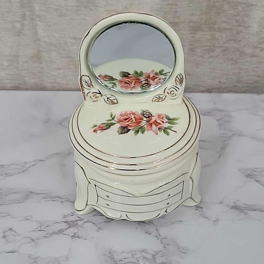 Jewelry Trinket Box Dresser Vanity with Mirror Vintage Floral Cream